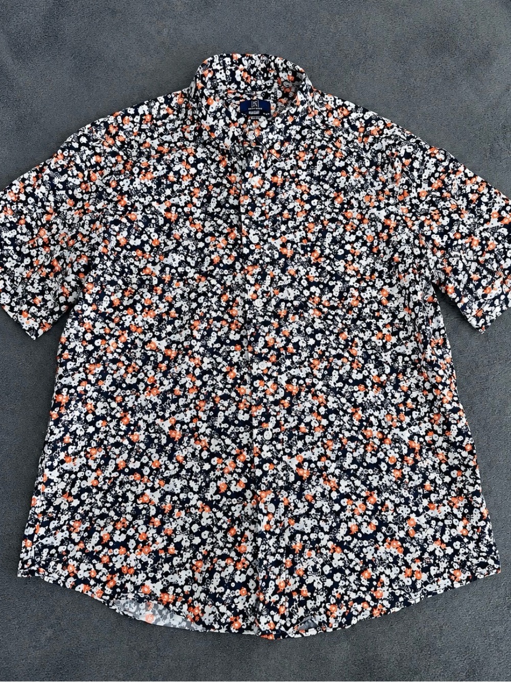 George Navy Floral Short-Sleeve Button-Down Shirt with Orange Accents